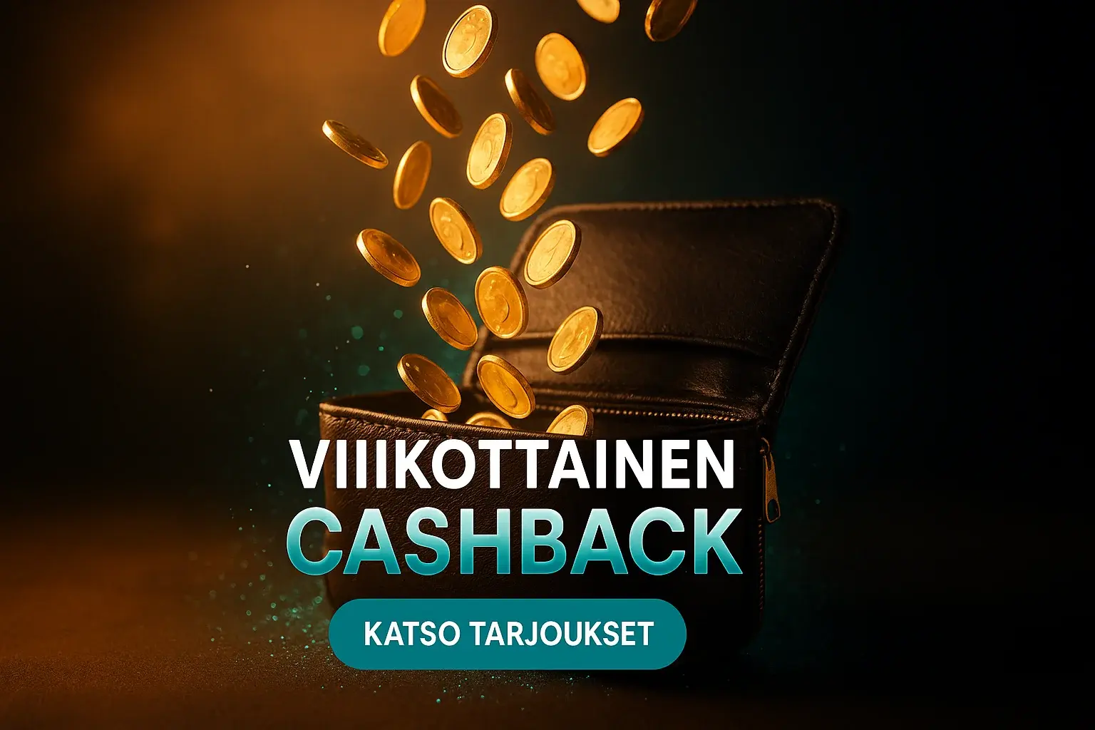Fotorealistinen kasinobanneri, kultakolikot virtaavat lompakkoon, viikottainen cashback CTA