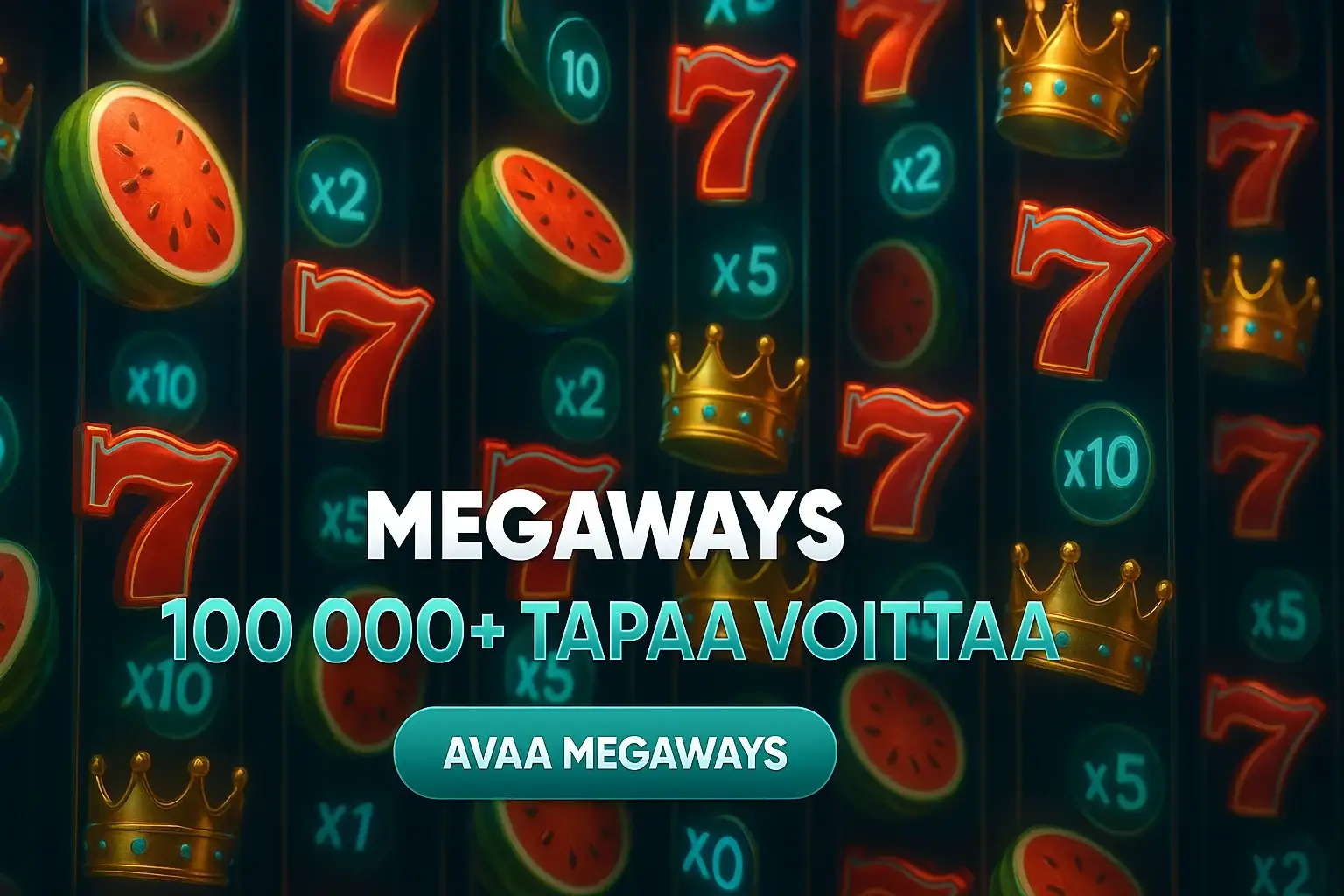 Fotorealistinen Megaways-kasinobanneri, kolikkosymbolit ja 100 000+ tapaa voittaa