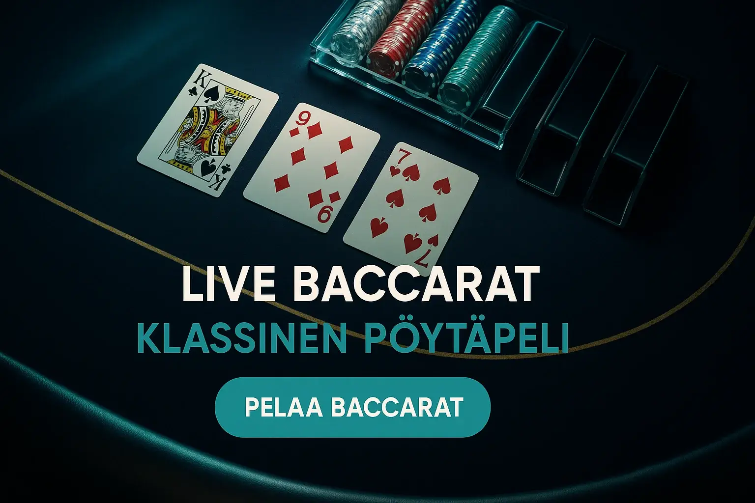 Fotorealistinen live baccarat -pöytä VIP-kasinolla, kortit ja pelimerkit