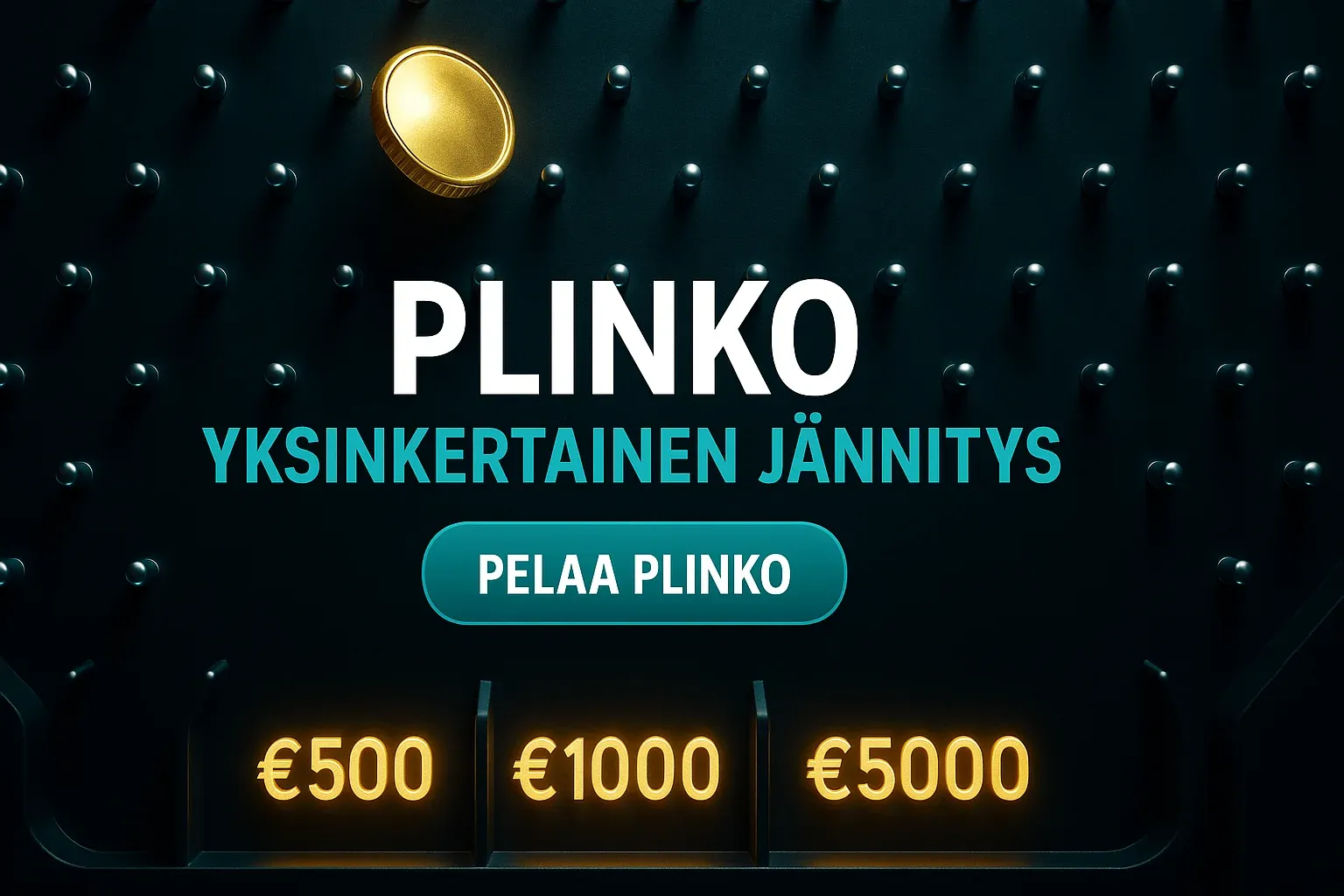Fotorealistinen Plinko-kasinobanneri kultakolikolla ja €500 - €5000 voittoslotteilla