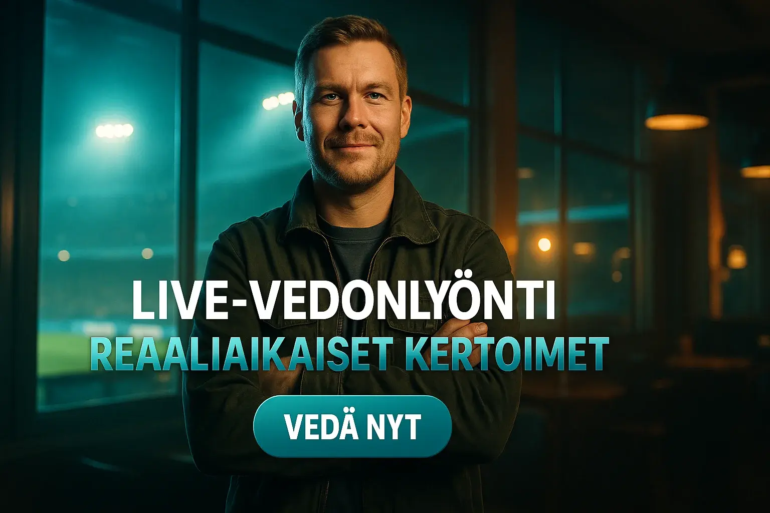 Suomalainen mies urheilubaarissa, live-vedonlyönti ja reaaliaikaiset kertoimet bannerissa